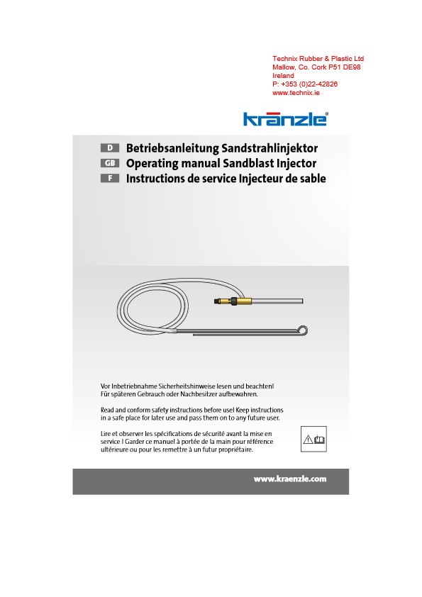 Kranzle Sandblast Injector Operating Manual
