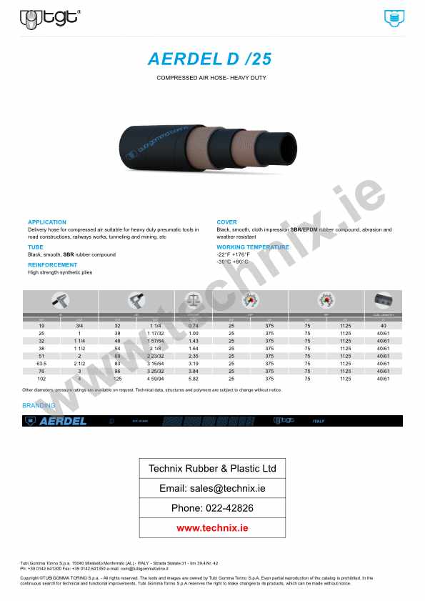 Compressed Air Hose HD Tech Data (Aerdel D25)