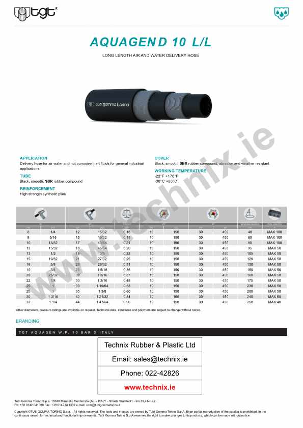 Delivery Hose Air/Water Technical Data (Aquagen D10LL)
