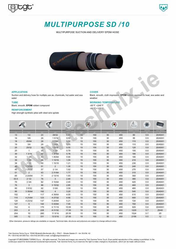 Multipurpose Hose EPDM Technical Data (Multipurpose SD/10)