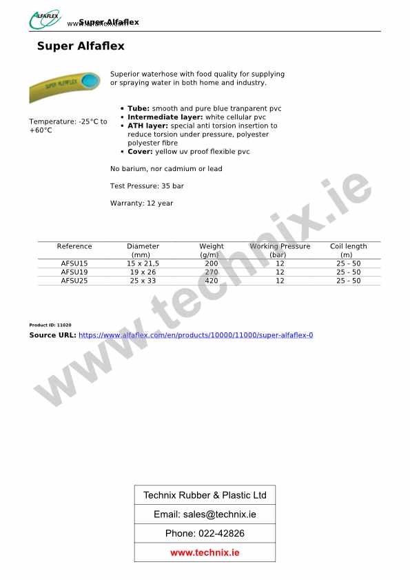 Garden Hose Technical Data (Super Alfaflex)
