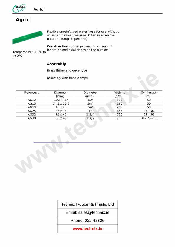 Agricultural Water Hose Technical Data (Alfaflex Agric)