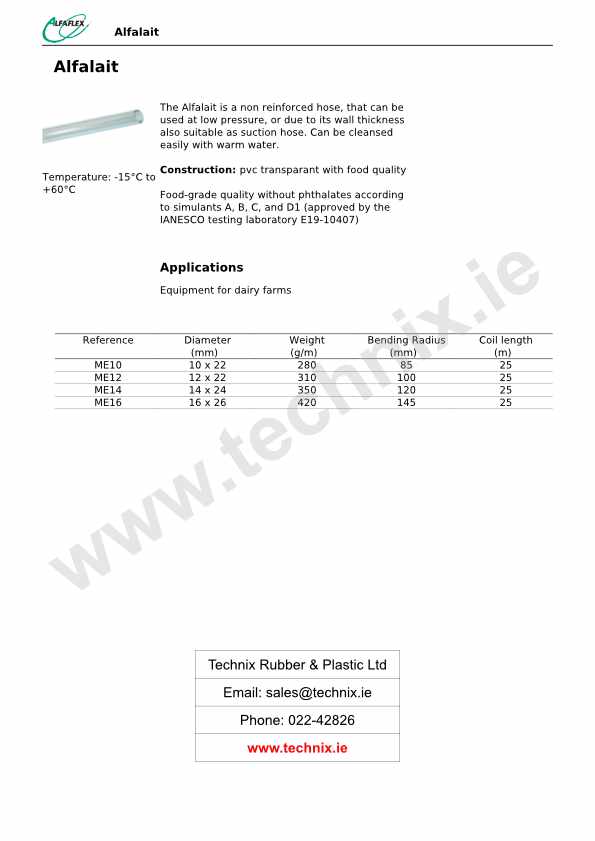 Dairy Hose Technical Data (Alfaflex Alfalait)