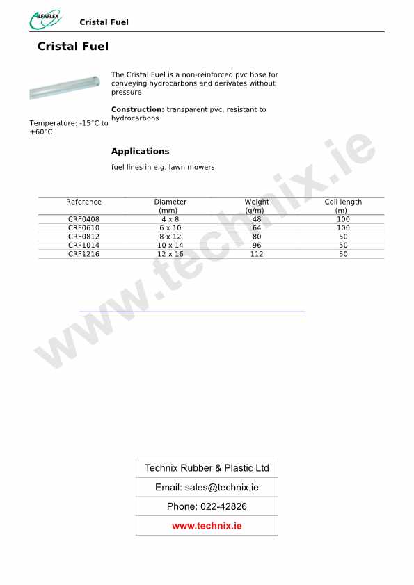 Fuel Hose Transparent Technical Data (Alfaflex Cristal Fuel)