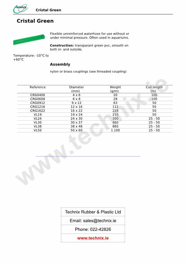 Aquarium Hose Technical data (Alfaflex Cristal Green)