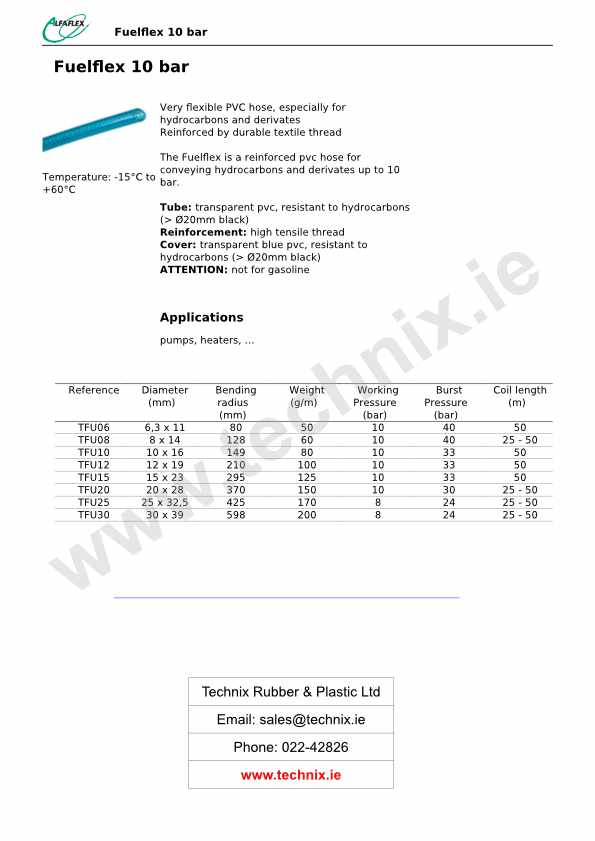Fuel Pump Hose Technical Data (Fuelflex 10 Bar)