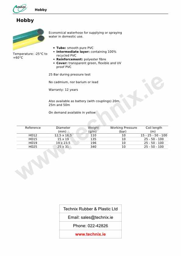 Watering Hose Technical Data (Alfaflex Hobby)